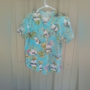 Women's Aqua Blue Panda Bear Nursing Scrub Top Size Small Nurse